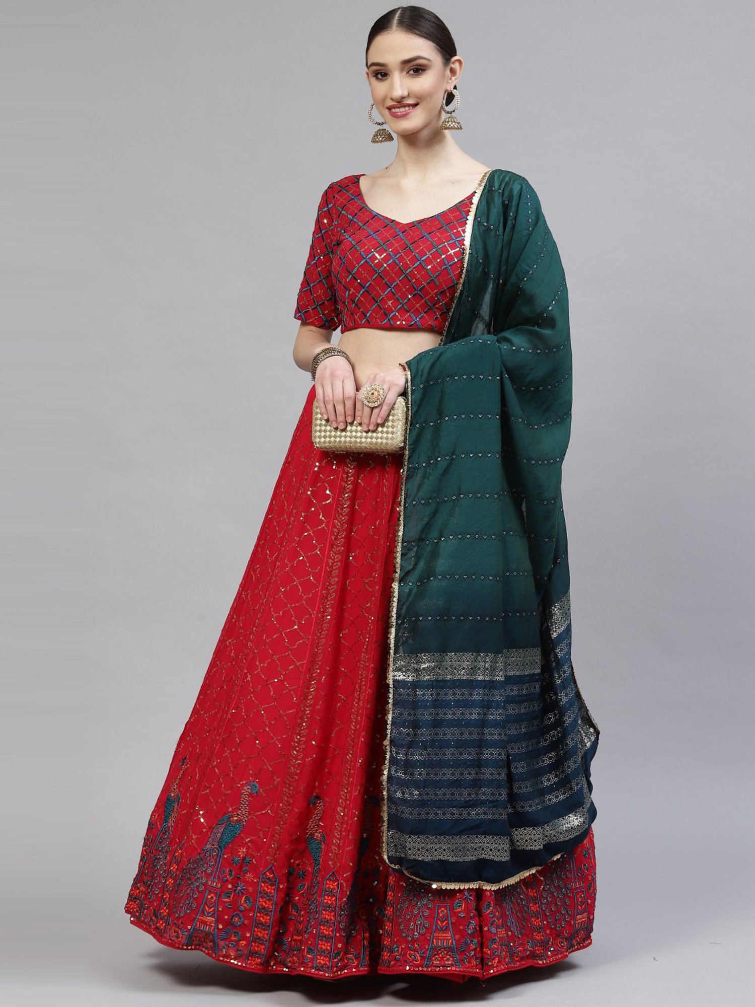 SHUBHKALA Pink & Green Embellished Lehenga and Choli Set With Dupatta