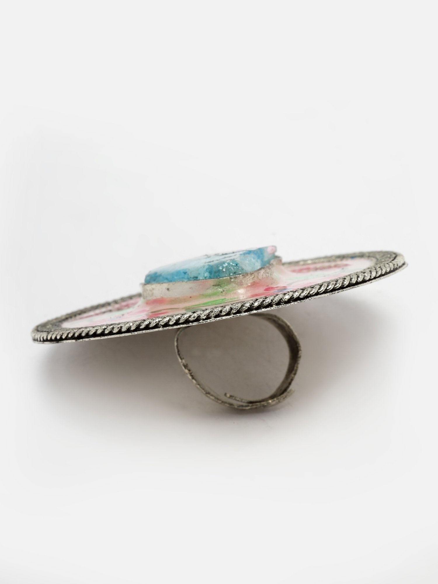 Moedbuille Agate Studded Handpainted Meenakari Floral Design Oxidised Silver Plated Finger Ring