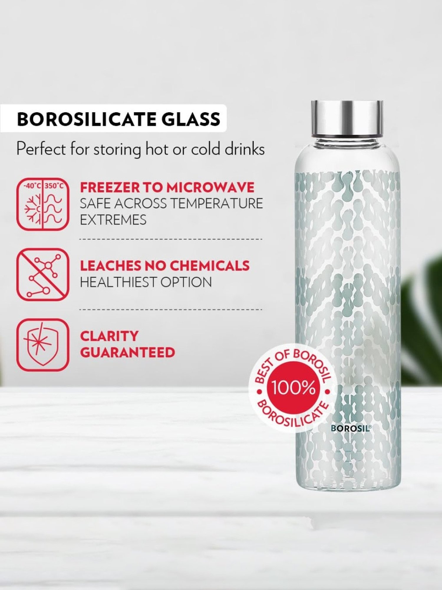 Borosil Water Bottle with Fridge Safe & Leakproof Set of 2 (Transparent, 550 ml)