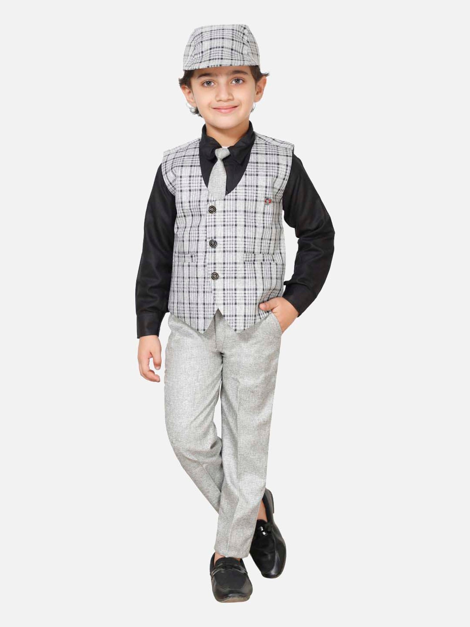 Fourfolds Boys Grey Checks Full Sleeves Clothing Set