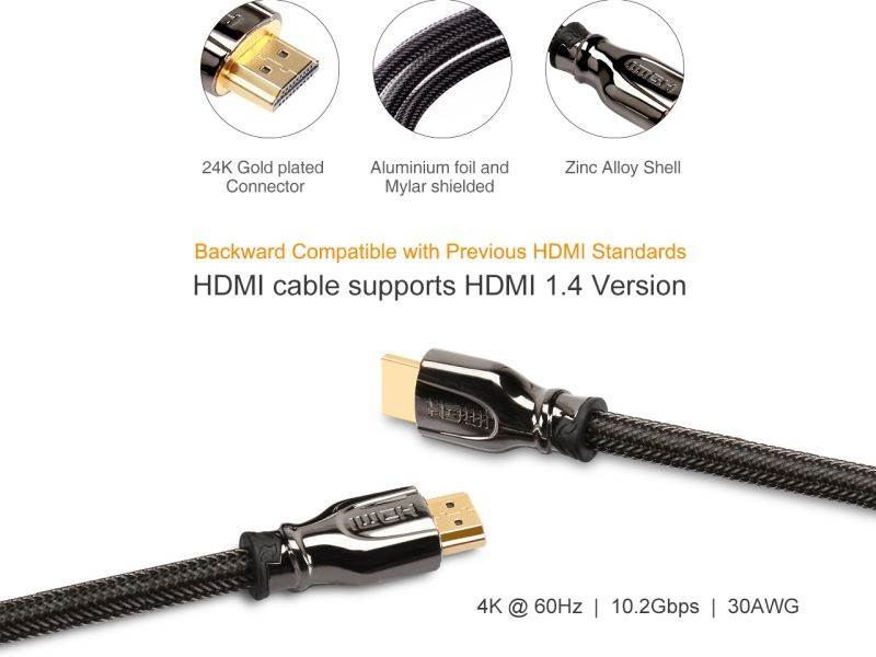 Wavlink 4K HDMI Cable - 6.6ft  Zinc Alloy Shell HDMI Male to HDMI Male cable - Braided Cord (30AWG) - High Speed with Ethernet & Audio Return - Support 4K 2160p, HD 1080p, 3D