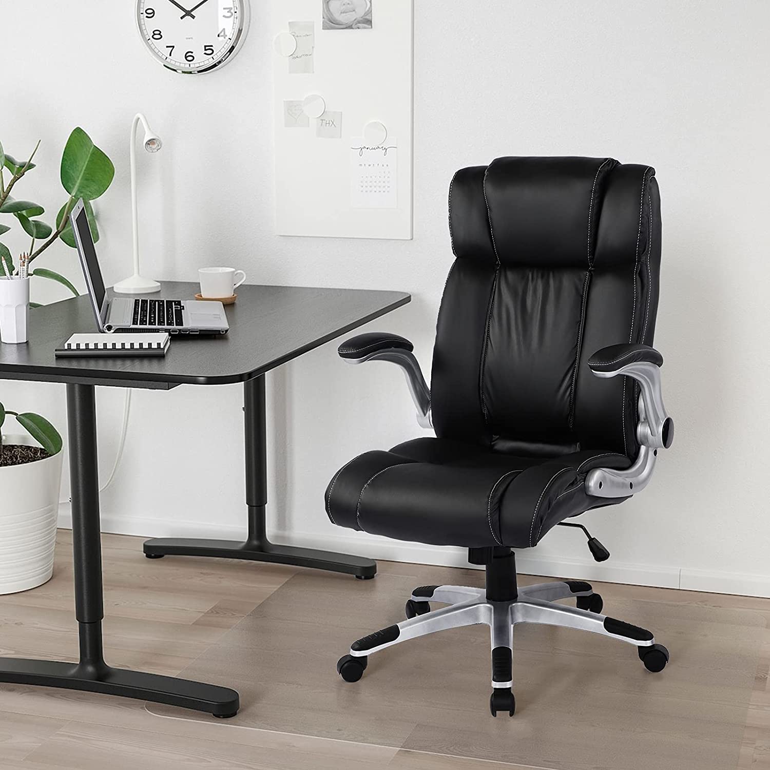 Executive Office Chair Ergonomic Leather Desk Chair with Flip-up Arms Double Padded Seat Cushion and Adjustable Tilt Angle Lumbar Support Office Chair for Home Office Work(9139 Black)