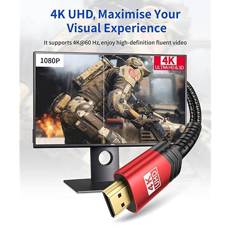 4K 60Hz HDMI Cable 33ft1M  HDMI 20 to HDMI High Speed 18Gbps 28AWG HDR 3D 2160p 1080p Braided Cord Compatible with Ethernet Audio ReturnARCFire TV UHD TV PC Red