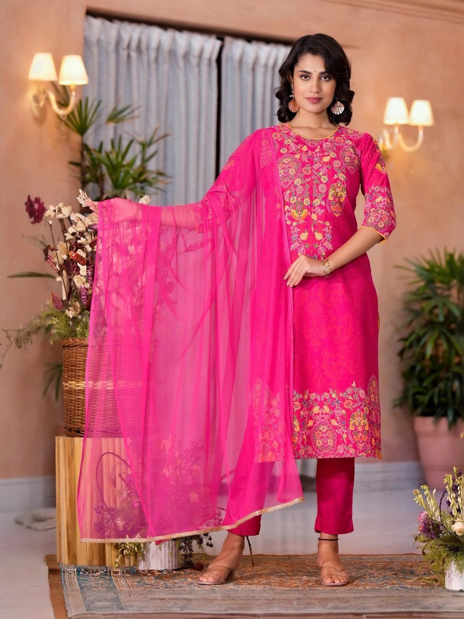 Juniper Pink Embroidered Kurta Pant Set With Dupatta