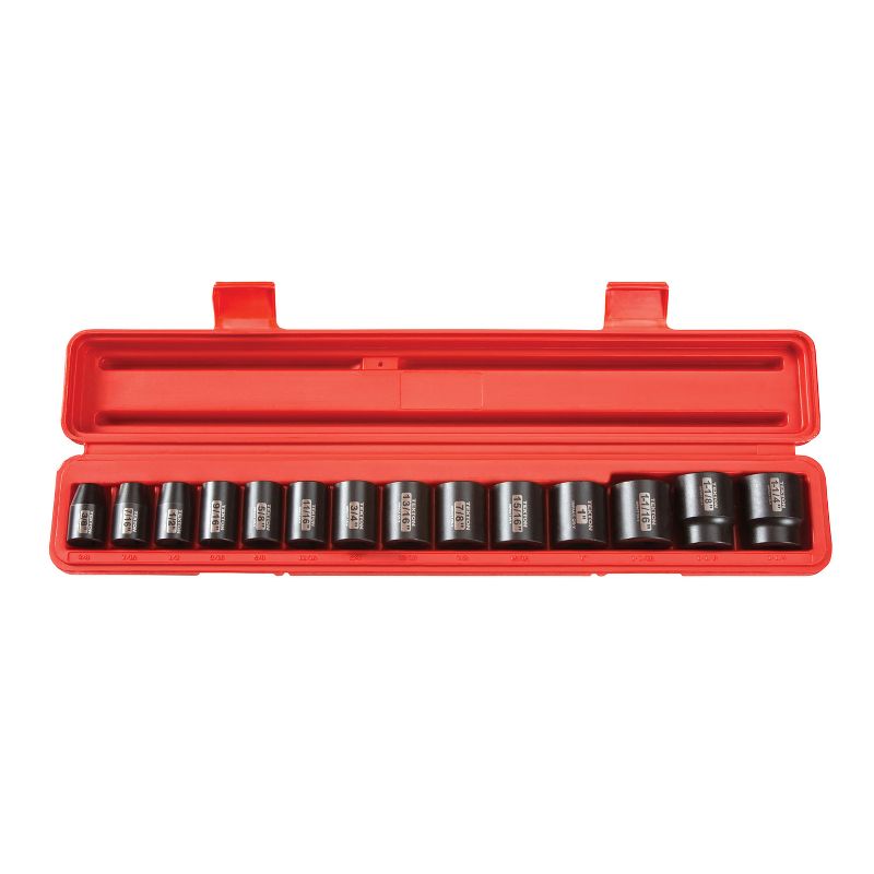 TEKTON 48161 1/2 Inch Drive Vanadium Steel 12 Point 3/8  to 1 1/4 Inch High Torque Standard Impact Socket Set with Carrying Case, 14 Pieces