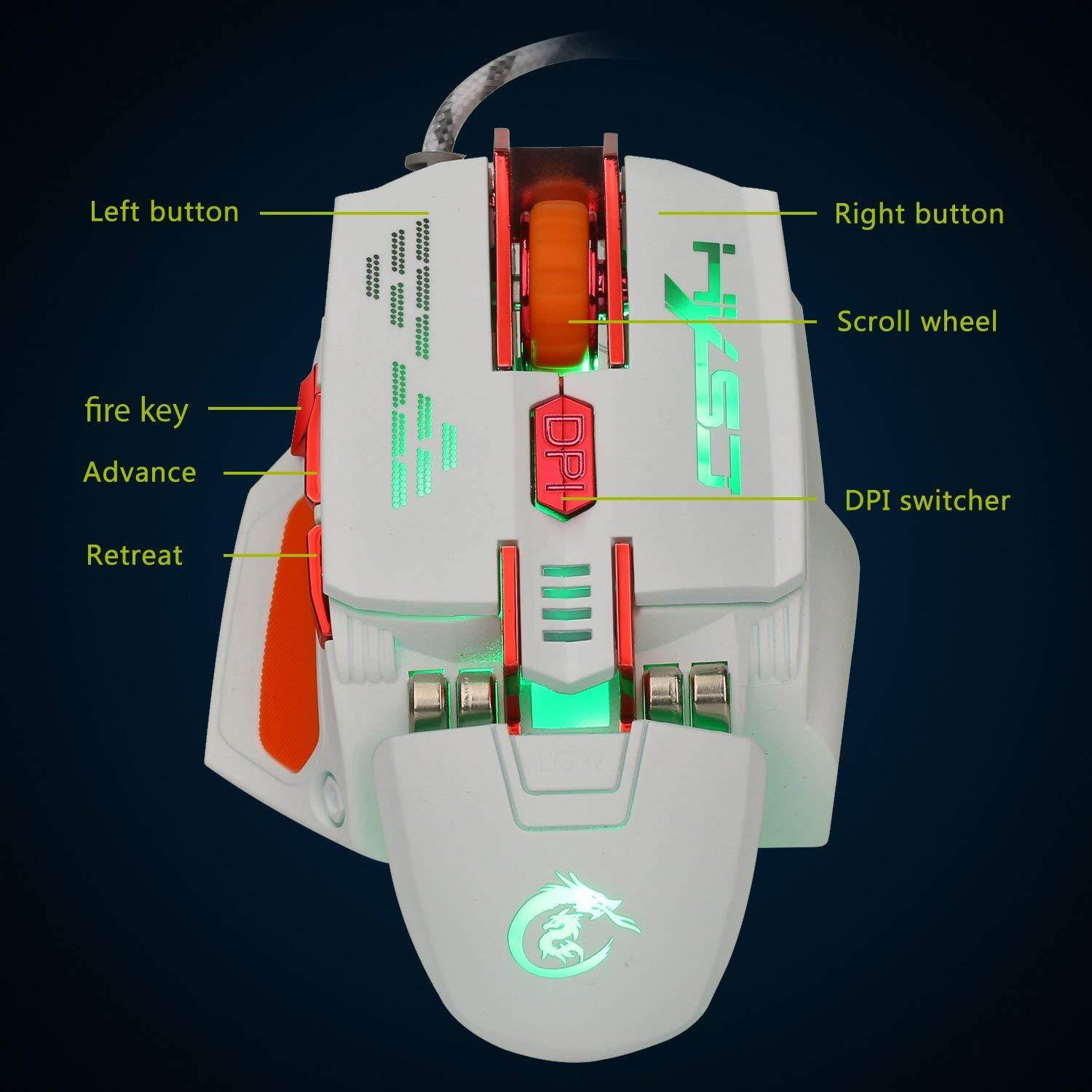 Tipmant Macro Programming Computer Game Mouse, Ergonomic Design, 7 Customize keys, Weight & DPI Adjustable (Maxi 4000 DPI) - White