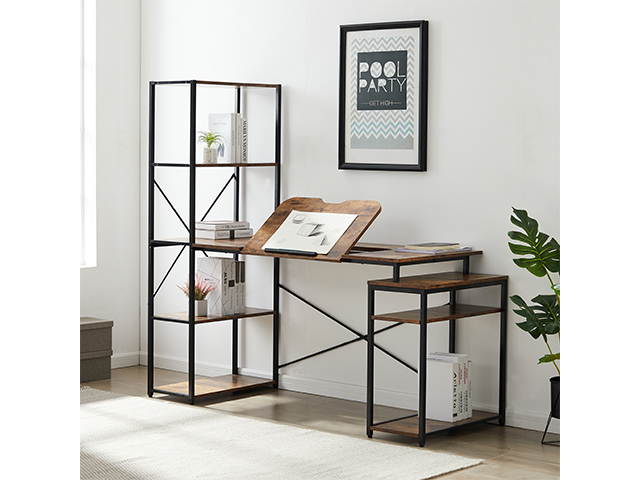 Home office Gaming Computer Desk with 5-Tier Bookshelf and 2 open Storage Shelf,Multi-Function Drafting Drawing Table with Tiltable Desktop,GT43