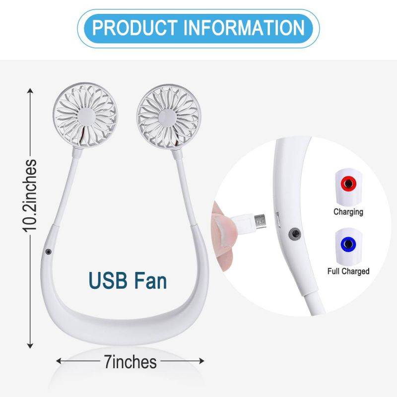 3 Speed Hand Free Neck Mini Portable Fan For Outdoor Camping Office Home Travel - White