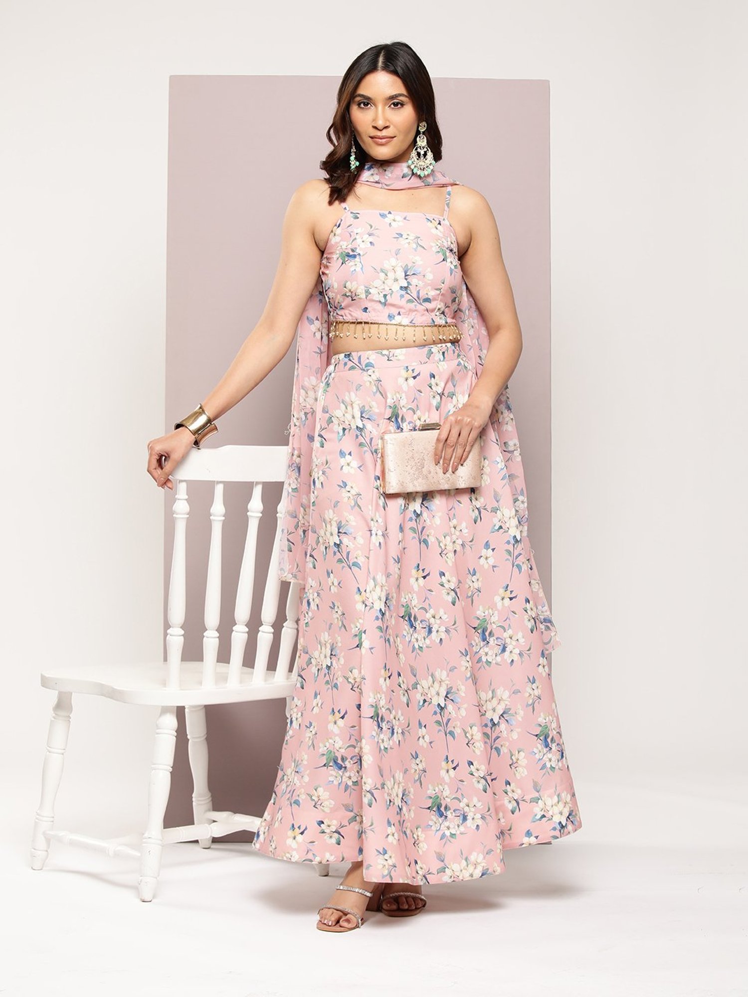 Jompers Peach Printed Lehenga Choli Set With Dupatta