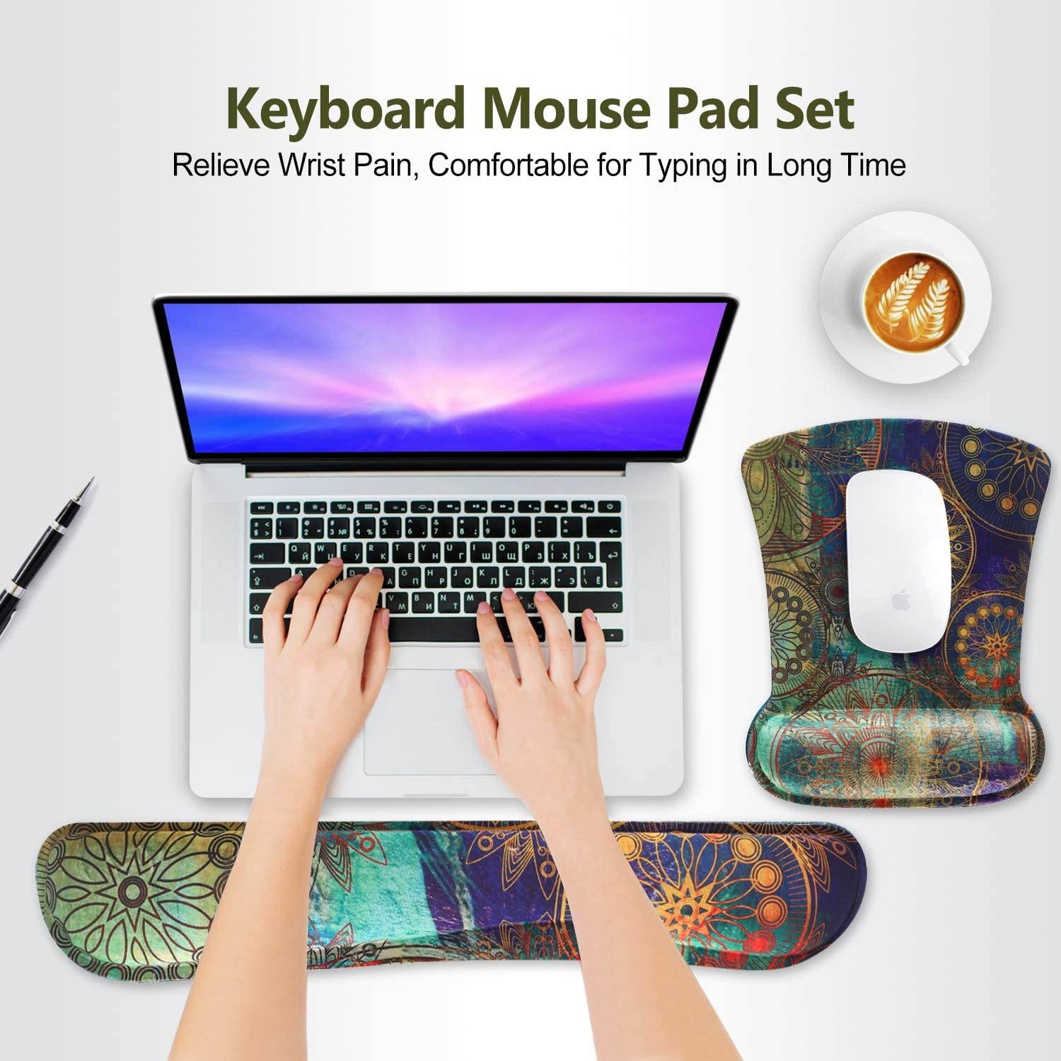 Keyboard Pad Wrist Rest Mouse Pad, ToLuLu Gel Ergonomic Mouse Pads Wrist Support for Computer Laptop Home Office, Mousepad Keyboard Wrist Support Memory Foam for Easy Typing Pain Relief, Mandala Arts