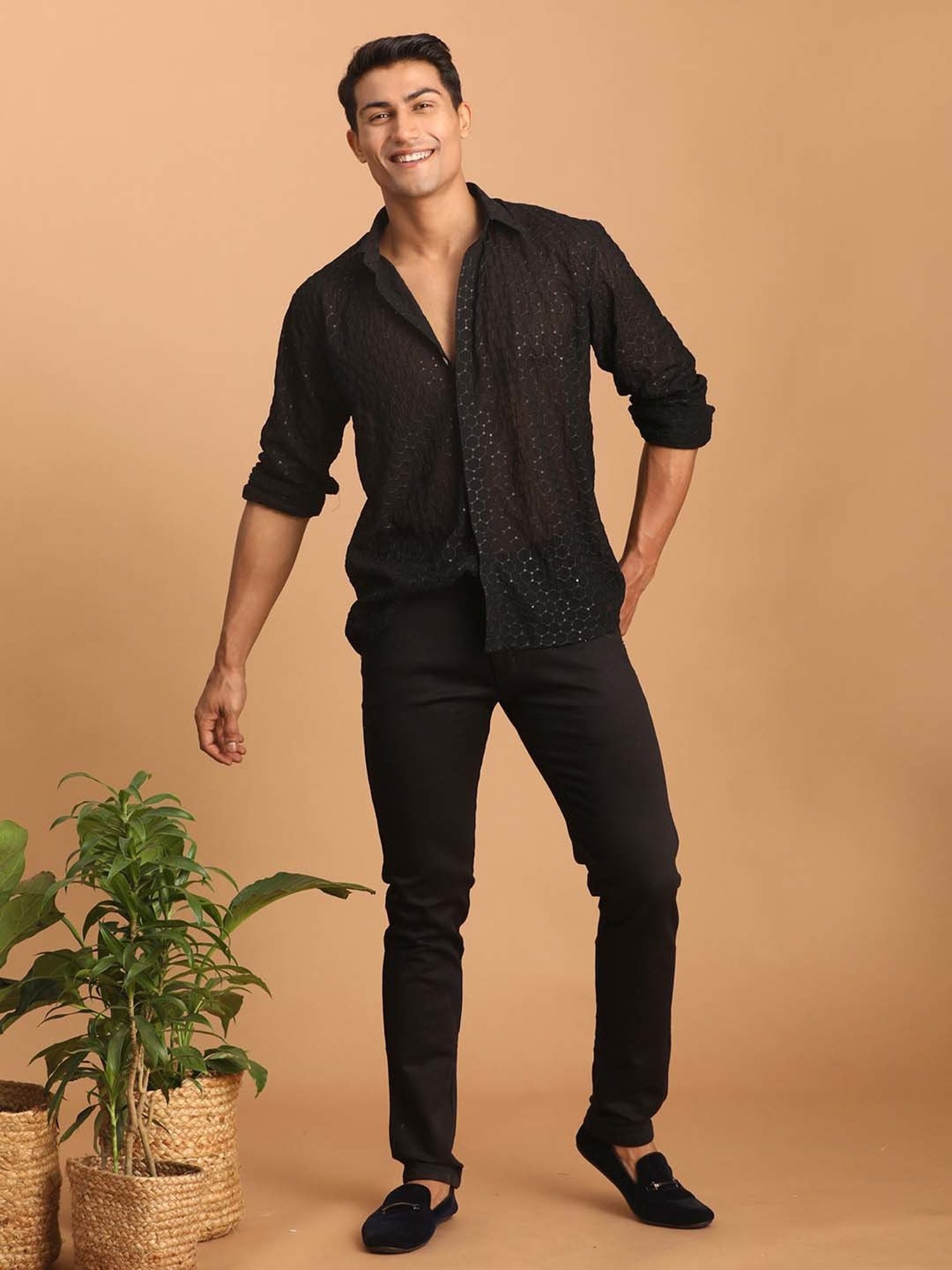 VASTRAMAY Black Regular Fit Embellished Shirt