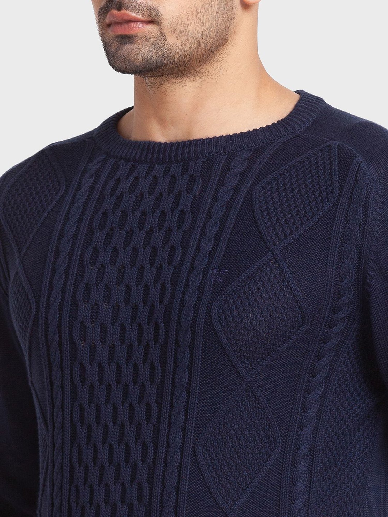 ColorPlus Navy Cotton Tailored Fit Self Pattern Sweaters