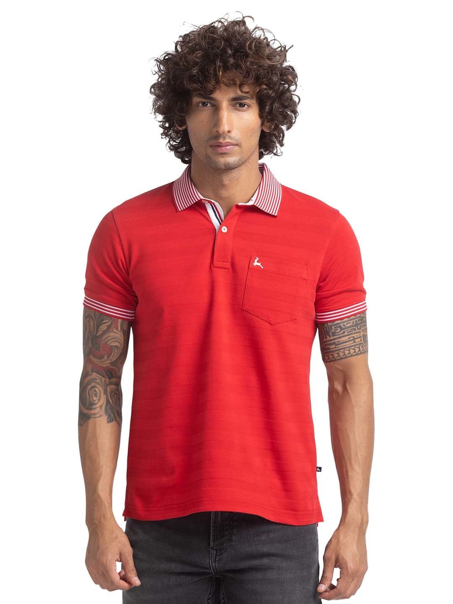 Parx Red Regular Fit Self Design Polo T-Shirt