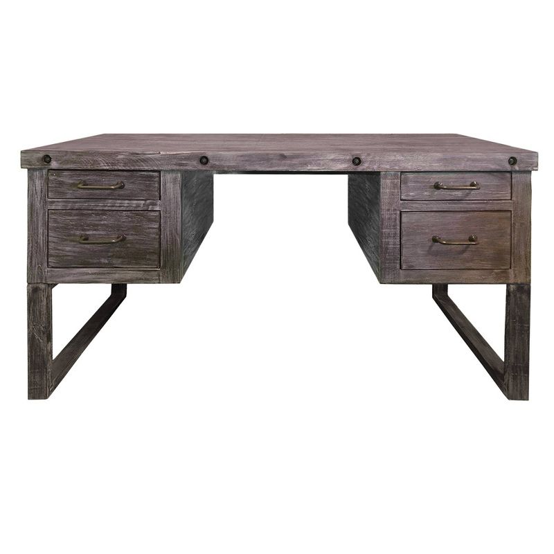 61" 4 Drawer Wooden Home Office Desk with Sled Leg Support Distressed Brown - The Urban Port