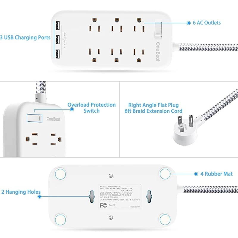 Outlets Power Strip Flat Plug with 3 USB Charing Ports 31A 15W Ft Braided Extension Cord Wall Mountable Outlet Extender with Overload Protection Switch for Home Office Cruise Ship White