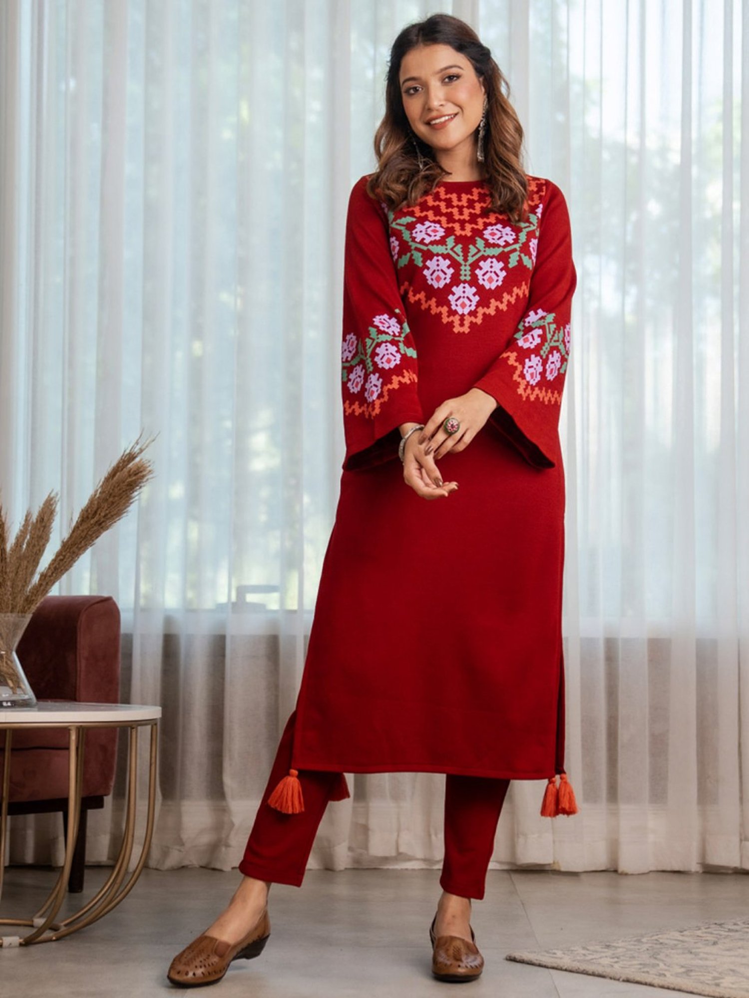 Rustorange Maroon Printed Straight Kurta