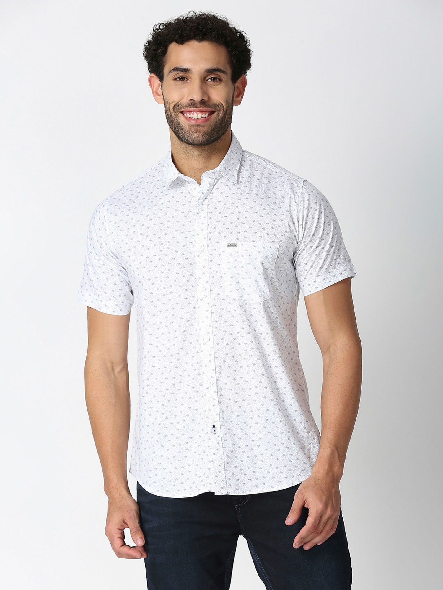 SOLEMIO White Slim Fit Printed Shirt
