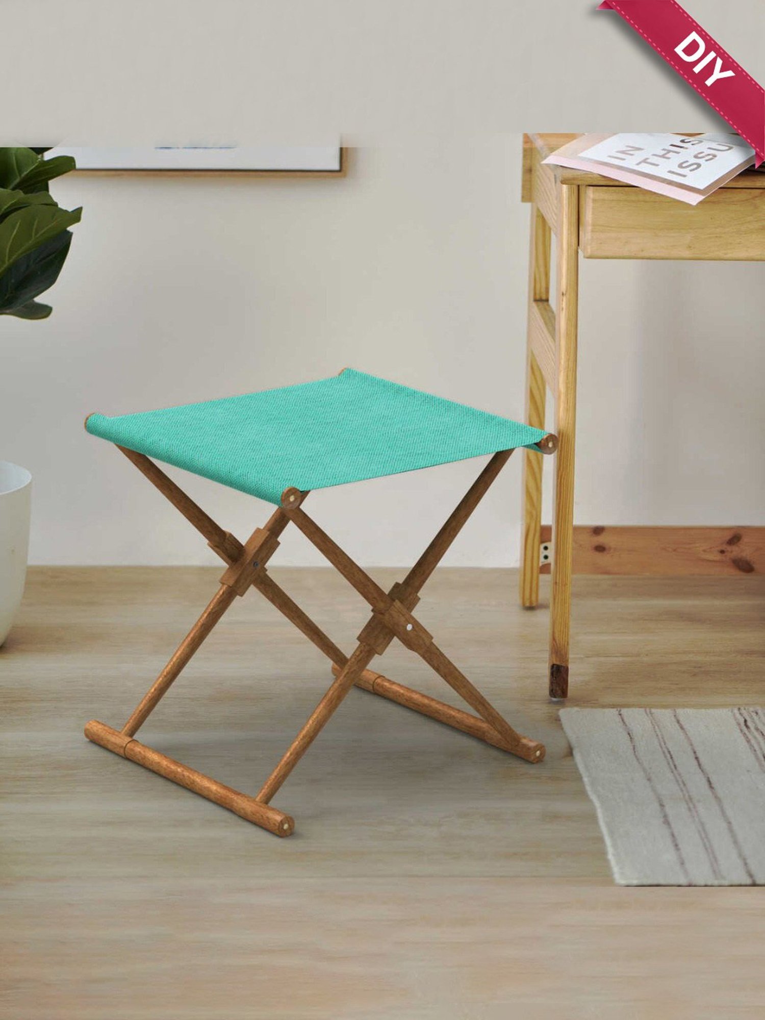 Chumbak Bistro Maldivian Solid Blue Sheesham Wood Folding Ottoman