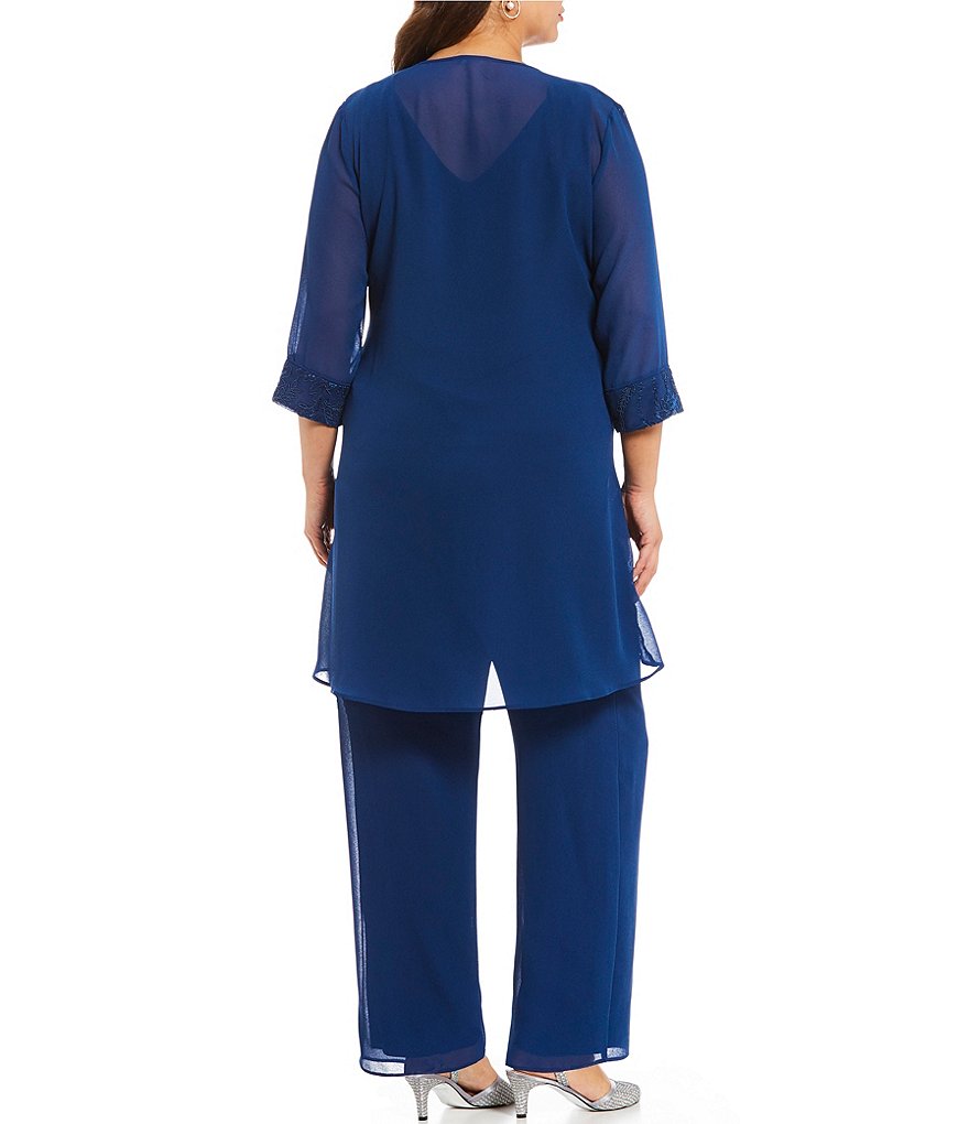 Le Bos Plus Size Crew Neck 3/4 Sleeve Chiffon Embroidered 3-Piece Pant Set