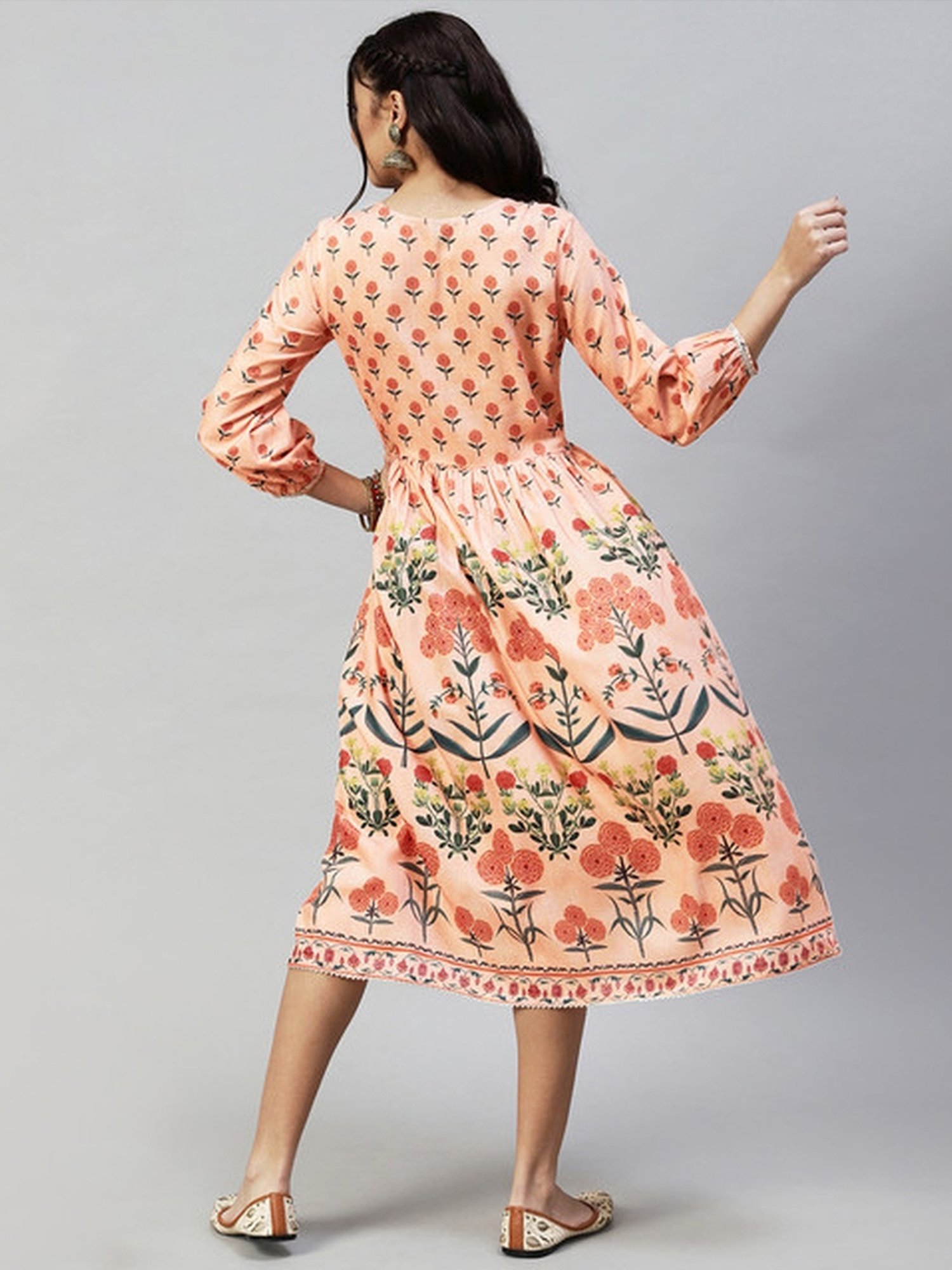 Skylee Peach Floral Print A-Line Dress