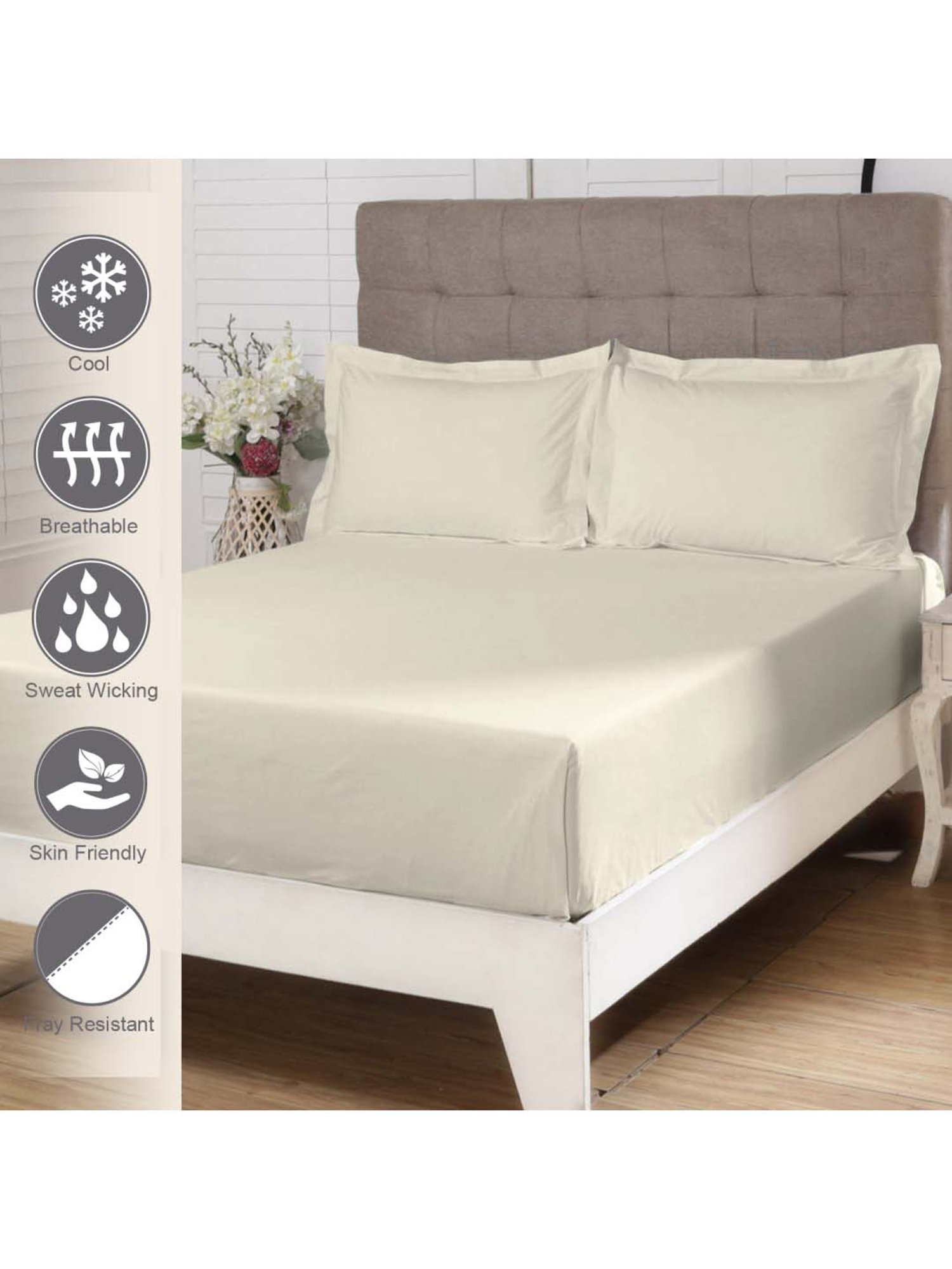 Pizuna 400TC 100% Cotton New Ivory Flat Bed Sheet Double Size With 2 Pillow Cover Size
