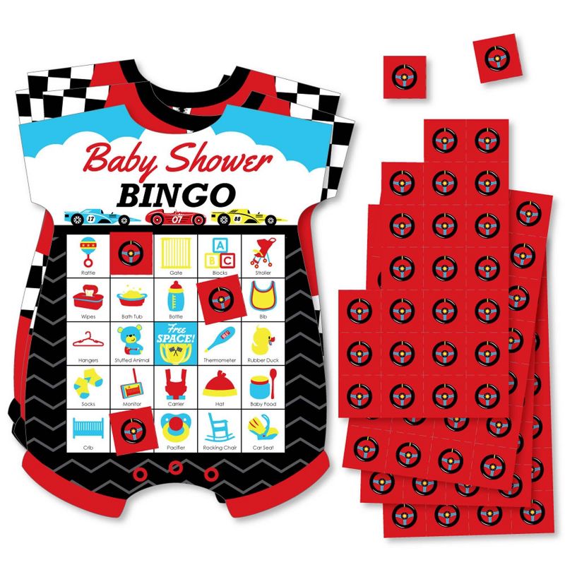 Big Dot of Happiness Let's Go Racing - Racecar - Picture Bingo Cards and Markers - Race Car Baby Shower Shaped Bingo Game - Set of 18