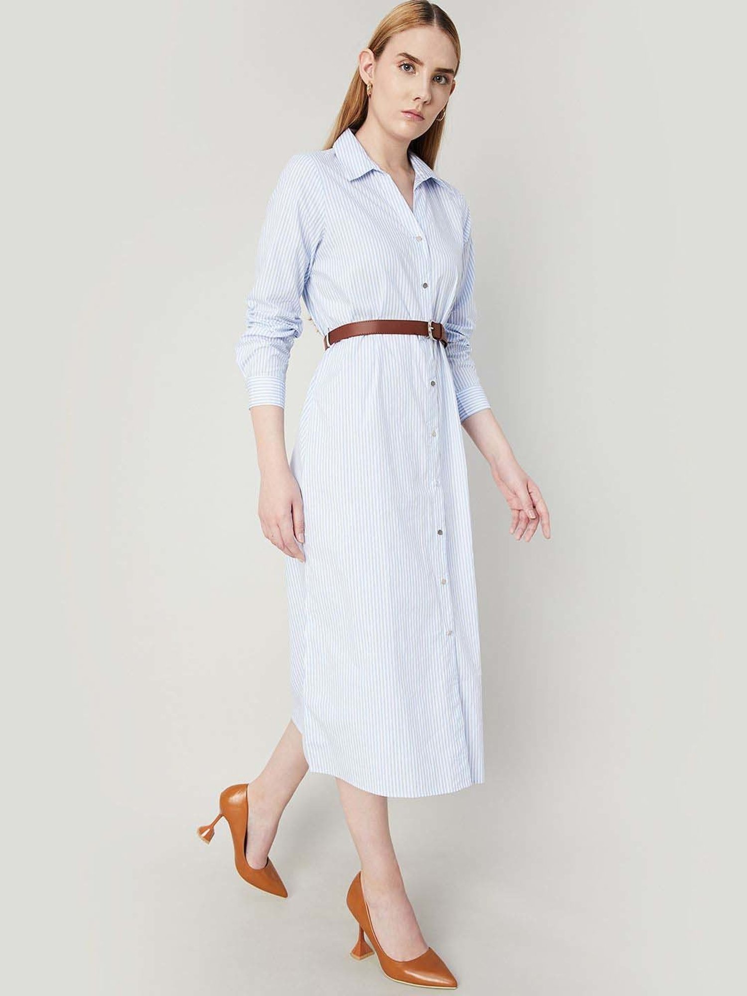 Code by Lifestyle Blue Cotton Striped Shirt Dress