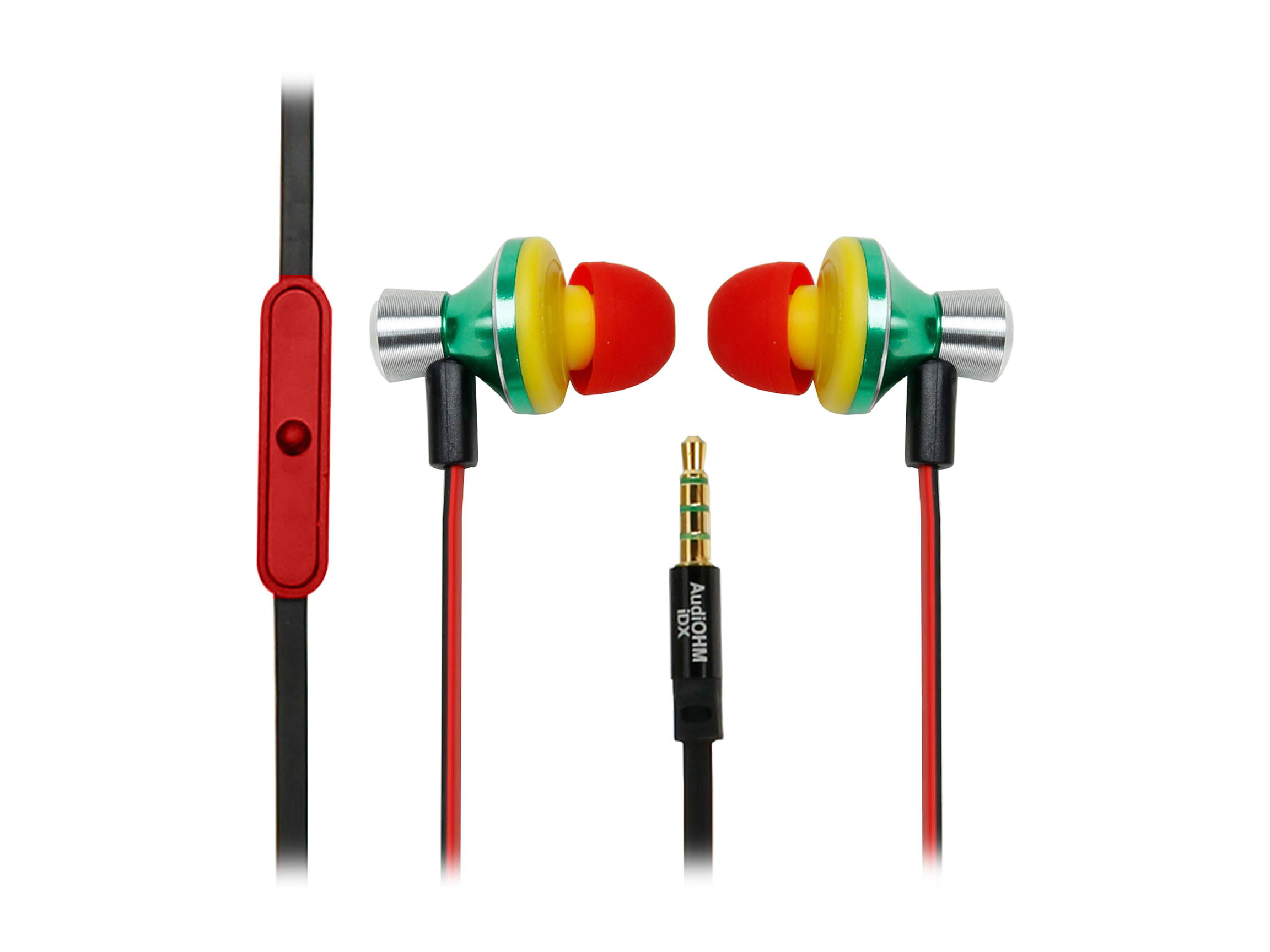 GOgroove AudiOHM iDX Rasta In-Ear Headphones with Noise Isolation, Hands-Free Calling, Tangle Free Cord and Custom Fit Silicone Gels
