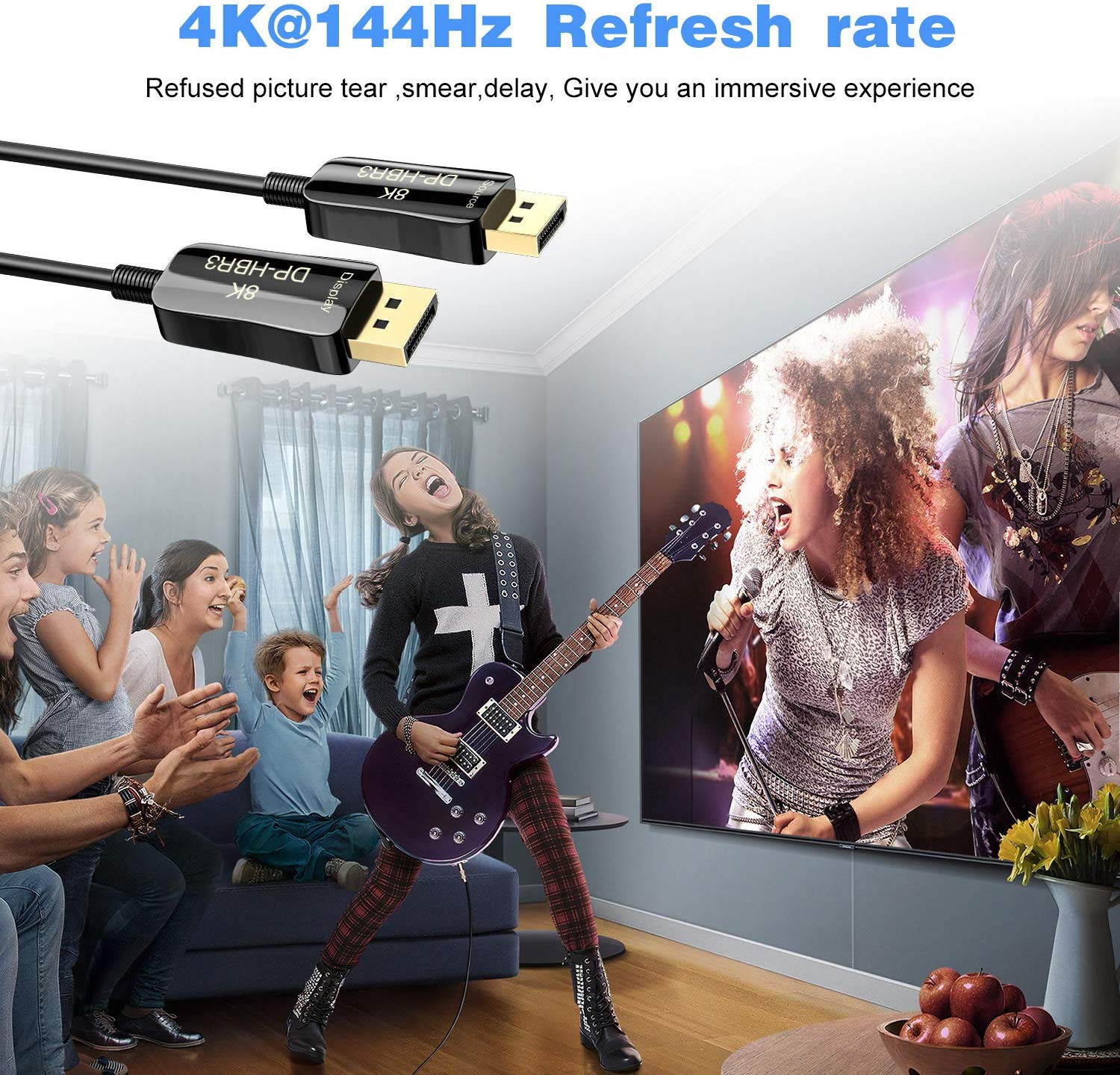 Fiber 8K 4K DisplayPort Cable DP 1.4 HBR3 8K@60Hz 4K@144Hz High Speed 32.4Gbps Optical Fiber Slim and Flexible DP to DP Cable 15m 49.2ft