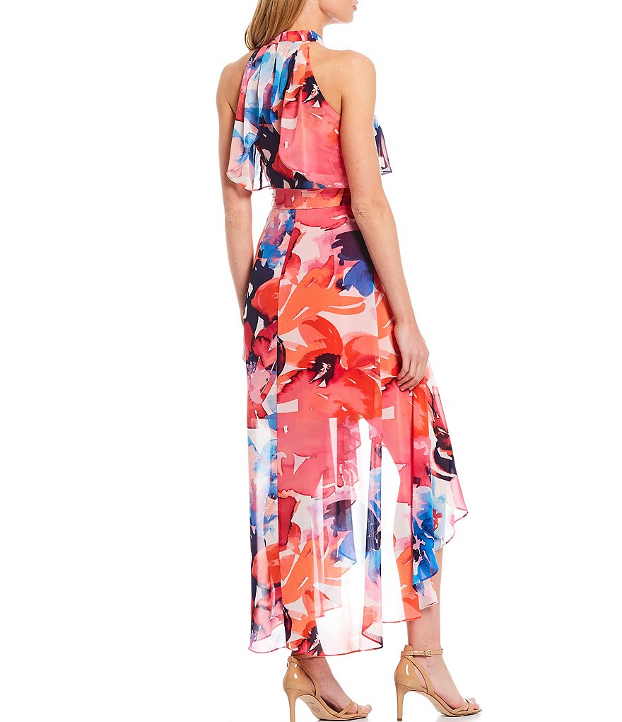 Eliza J Halter Neck Sleeveless Floral Chiffon Pop Over Hi-Low Dress