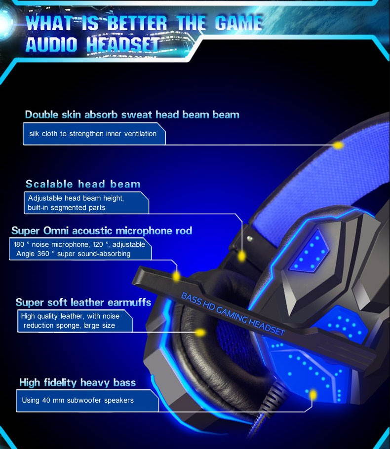 Deep Bass Game Headphone Stereo Surrounded Over-Ear Gaming Headset Headband Earphone with Light for Computer PC Gamer