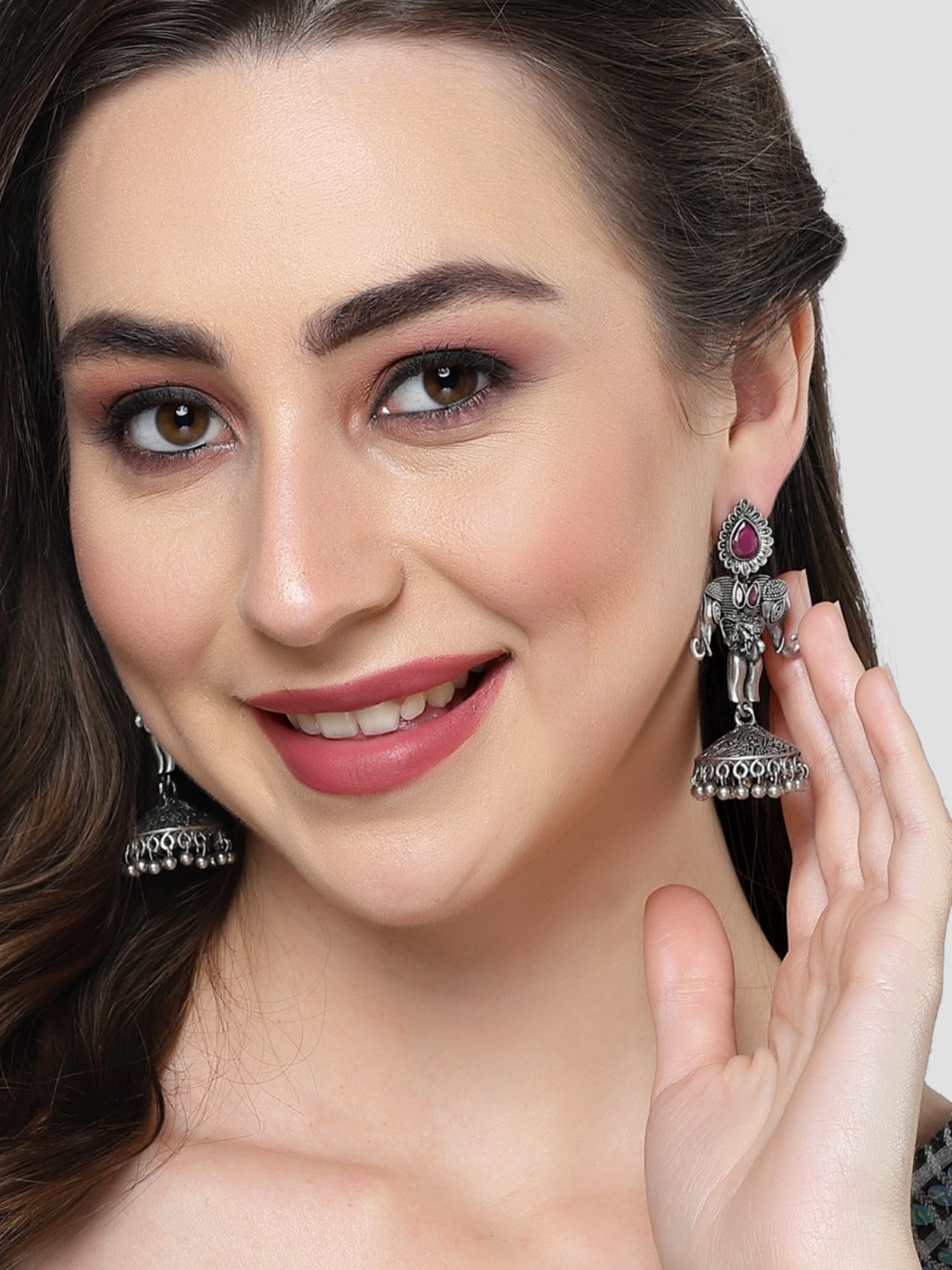 Karatcart Elephant Design Oxidised Silver Red Stone Flat Jhumki Earrings for Women