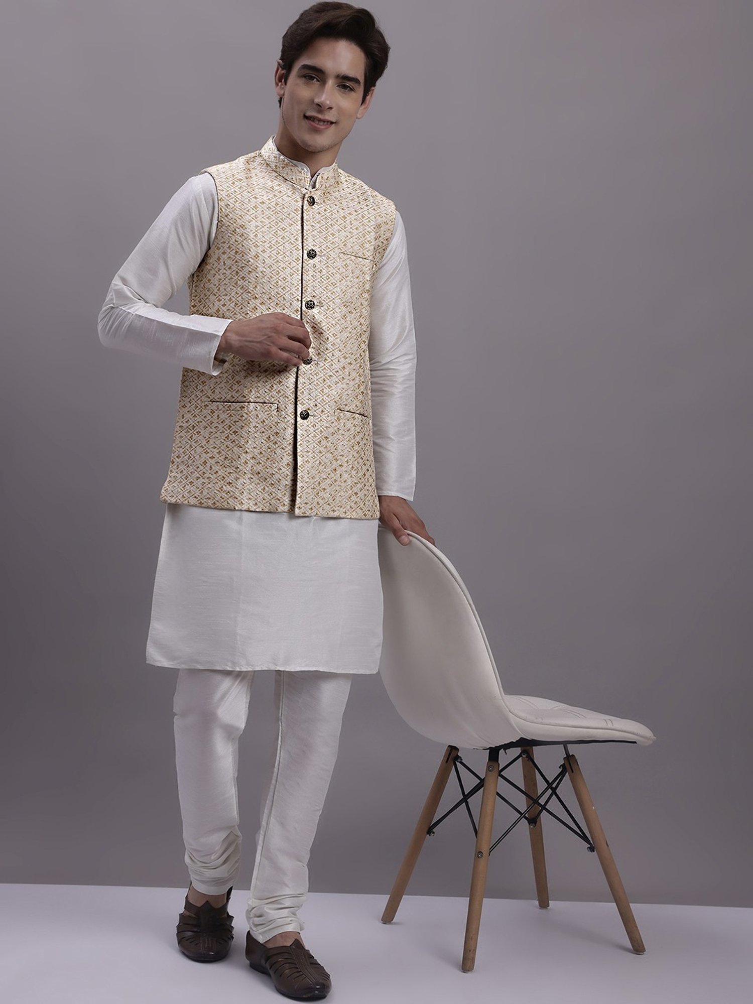 Jompers Cream Regular Fit Self Pattern Nehru Jacket