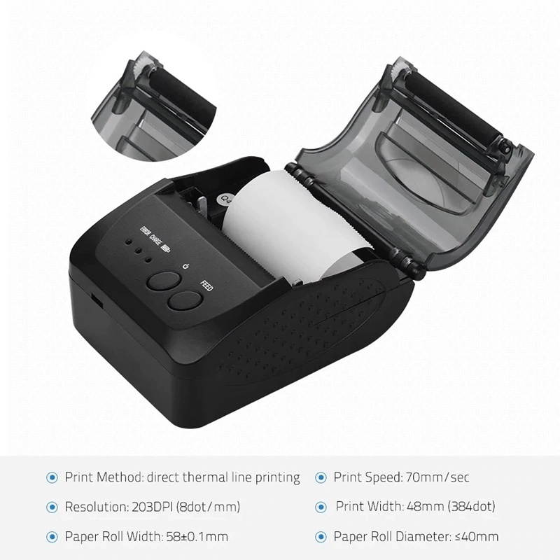 5809DD Portable Mini Direct Thermal Printer Wireless Thermal POS Receipt Printer USB/BT Mobile Printer EU Plug