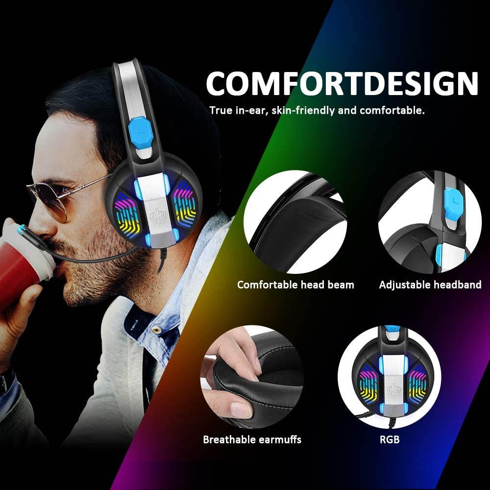 Wired Gaming Headset with Xbox One(Adapter Not Included), PC, Laptop, PS5, PHOINIKAS H100 PS4 Headset with 7.1 Stereo Sound, Over Ear Headphone with Noise Canceling Mic & RGB Light, Gift for Kids