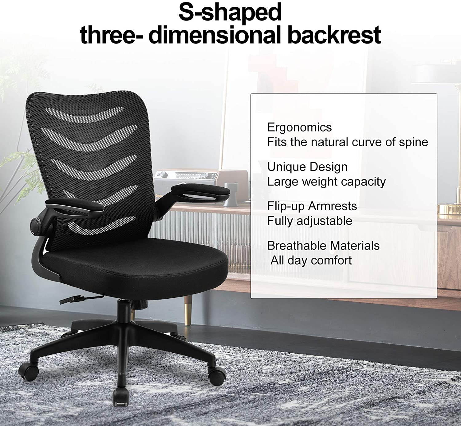 Office Chair Ergonomic Desk Computer Chair with Flip Up Arms Lumbar Support Adjustable Swivel Mid Back for Home Office Black