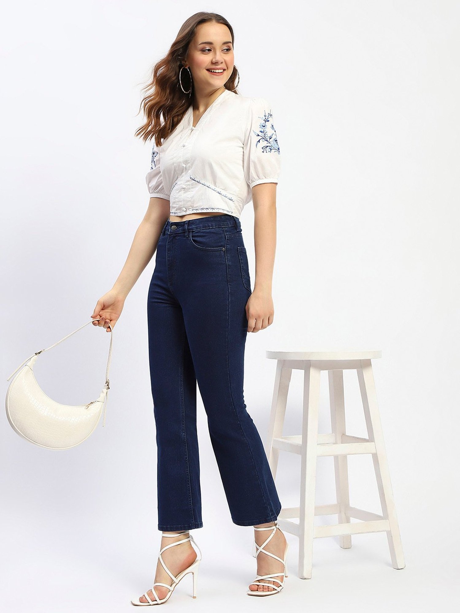 MADAME Off White Cotton Embroidered Crop Top