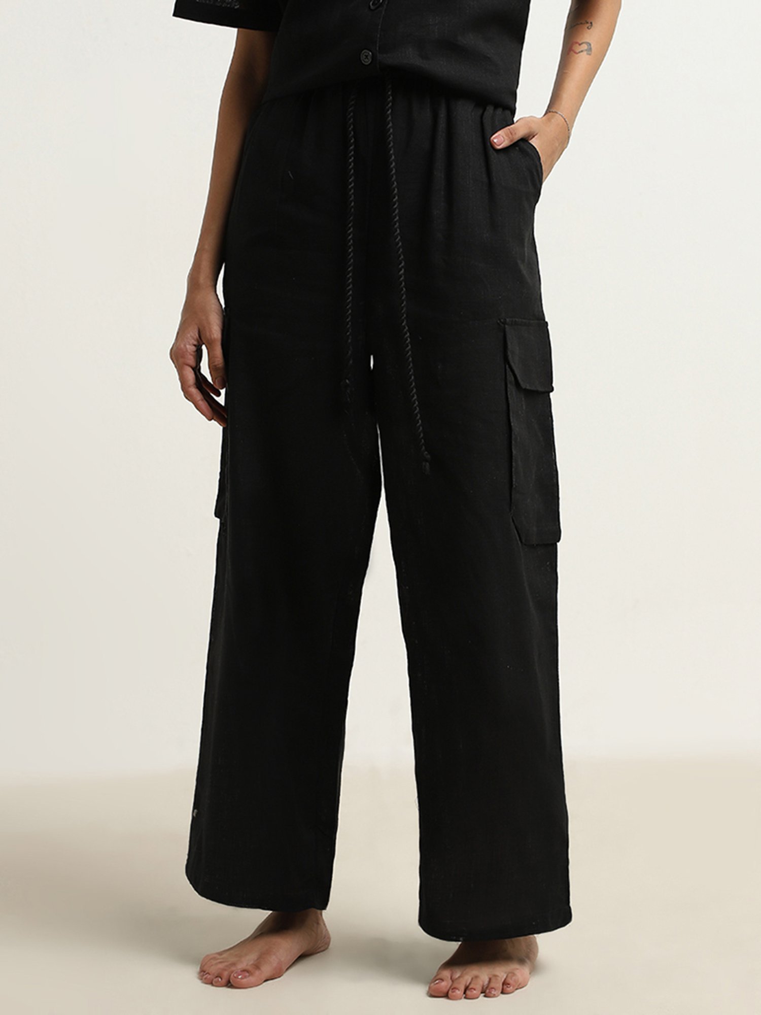 Superstar by Westside Black High-Rise Cargo-Style Cotton Pants