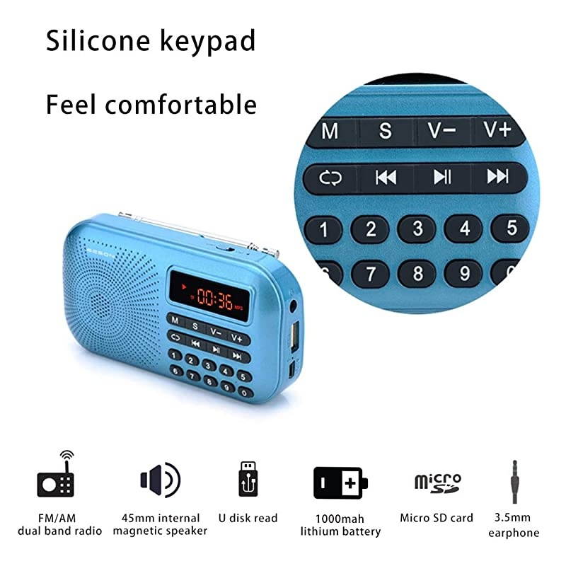 RM-155Pro AM FM Radio Portable Mini USB Speaker MP3 Music Player SupportMicro SD/TF Auto Scan Save LED Display USB Transmit Data and Sound Card Function, Rechargeable BL-5C Battery (Blue)