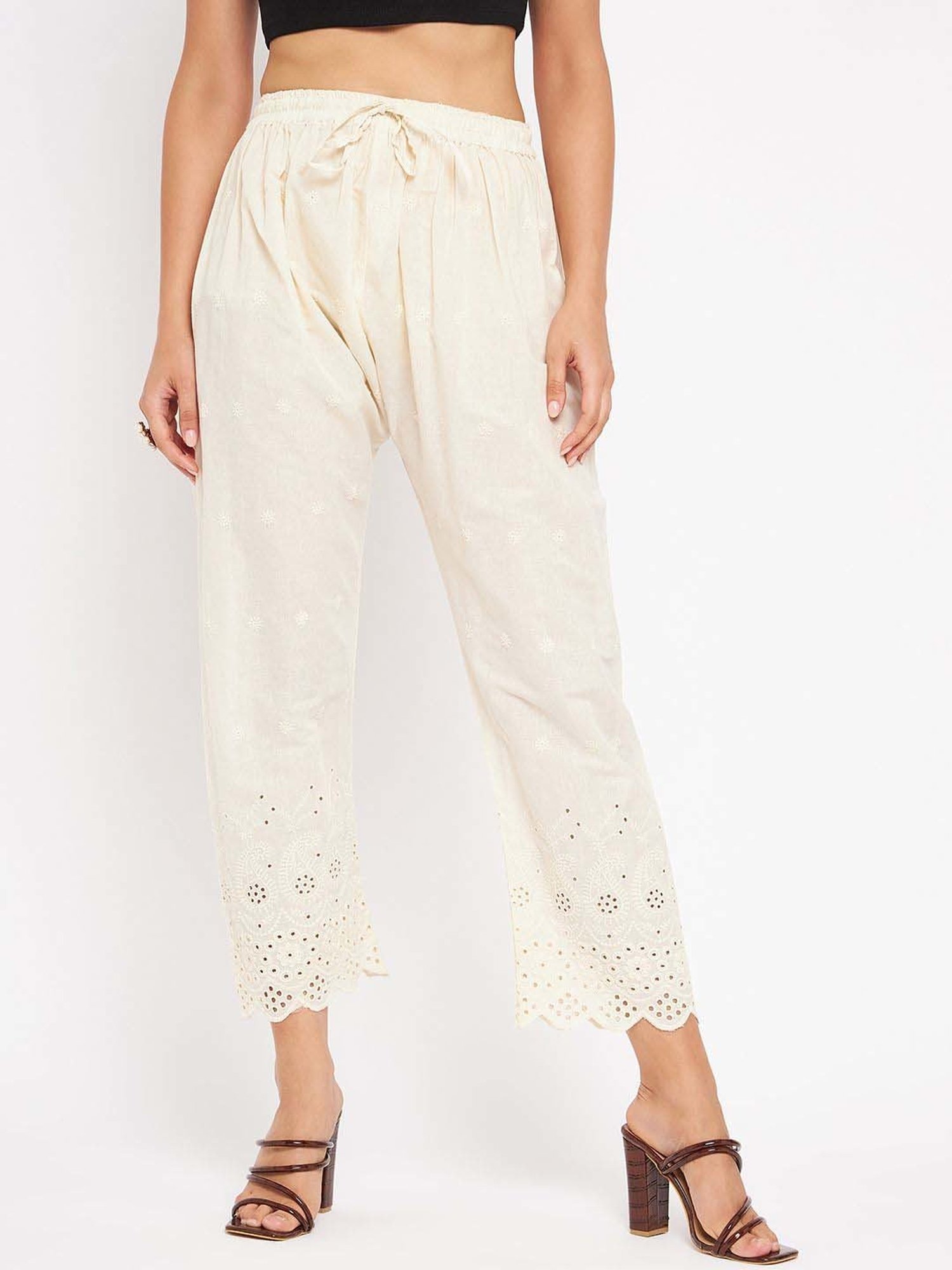 Castle Cream Cotton Embroidered Palazzos