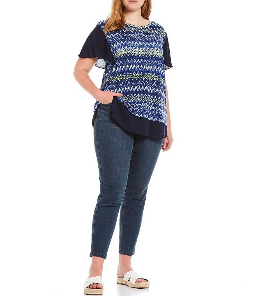 Westbound Plus Size Hazy Stripe Mixed Media Jewel Neck Flutter Short Sleeve Top