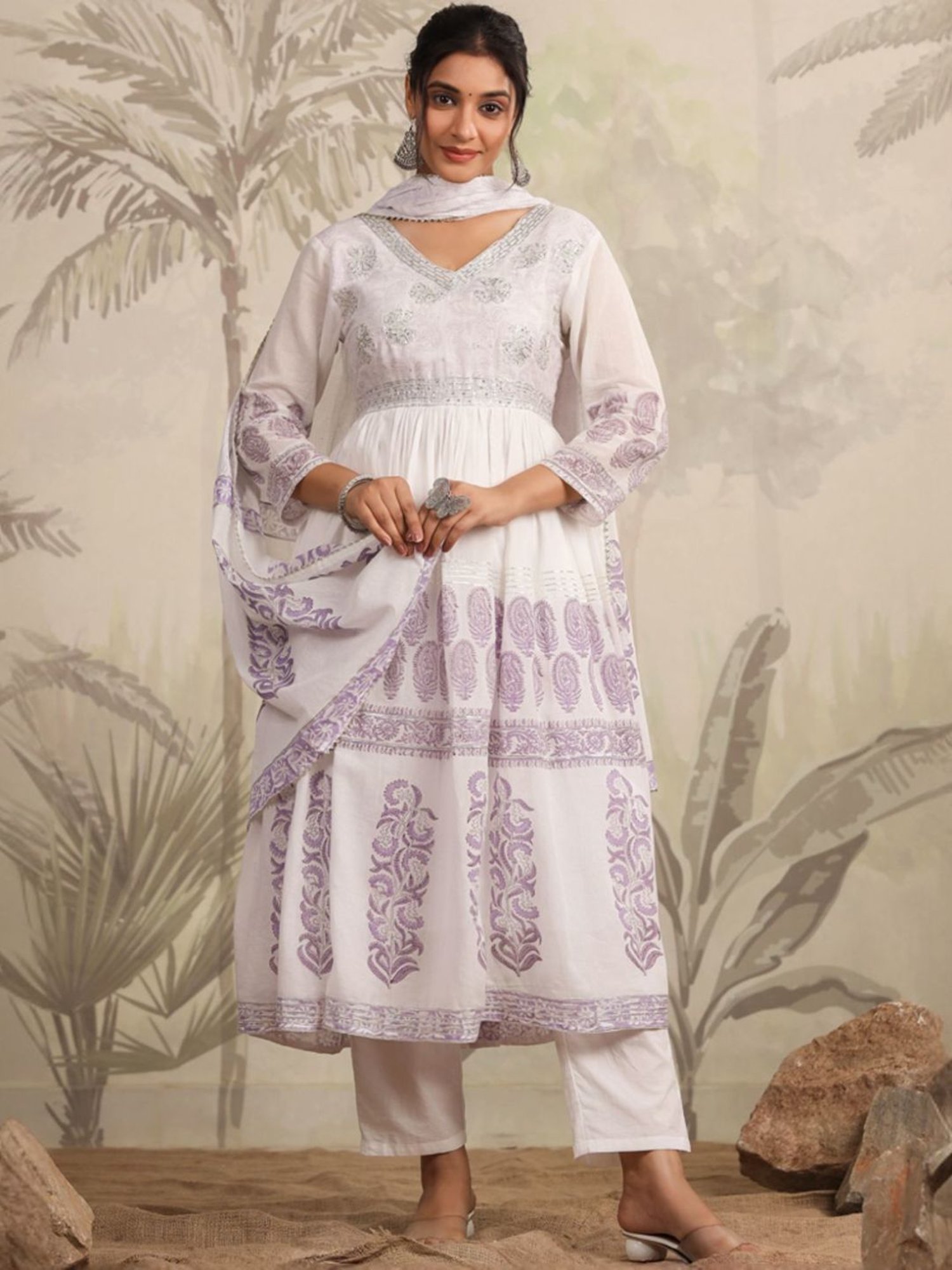 SCAKHI White & Lavender Hand-Block Printed Anarkali Kurta And Pant With Dupatta