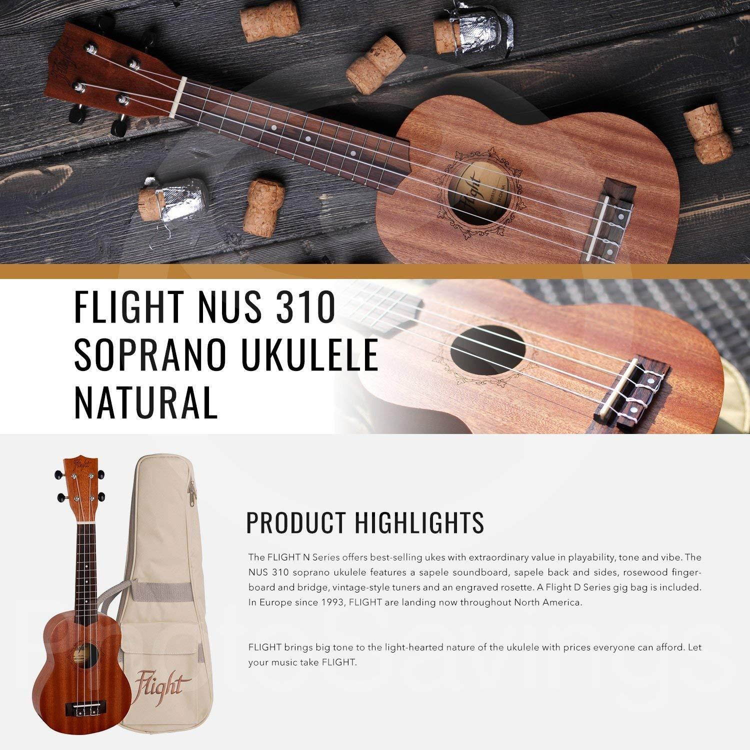 Flight NUS 310 Soprano Ukulele with Guitar Stand, Clip-on Tuner, and Deluxe Accessory Bundle