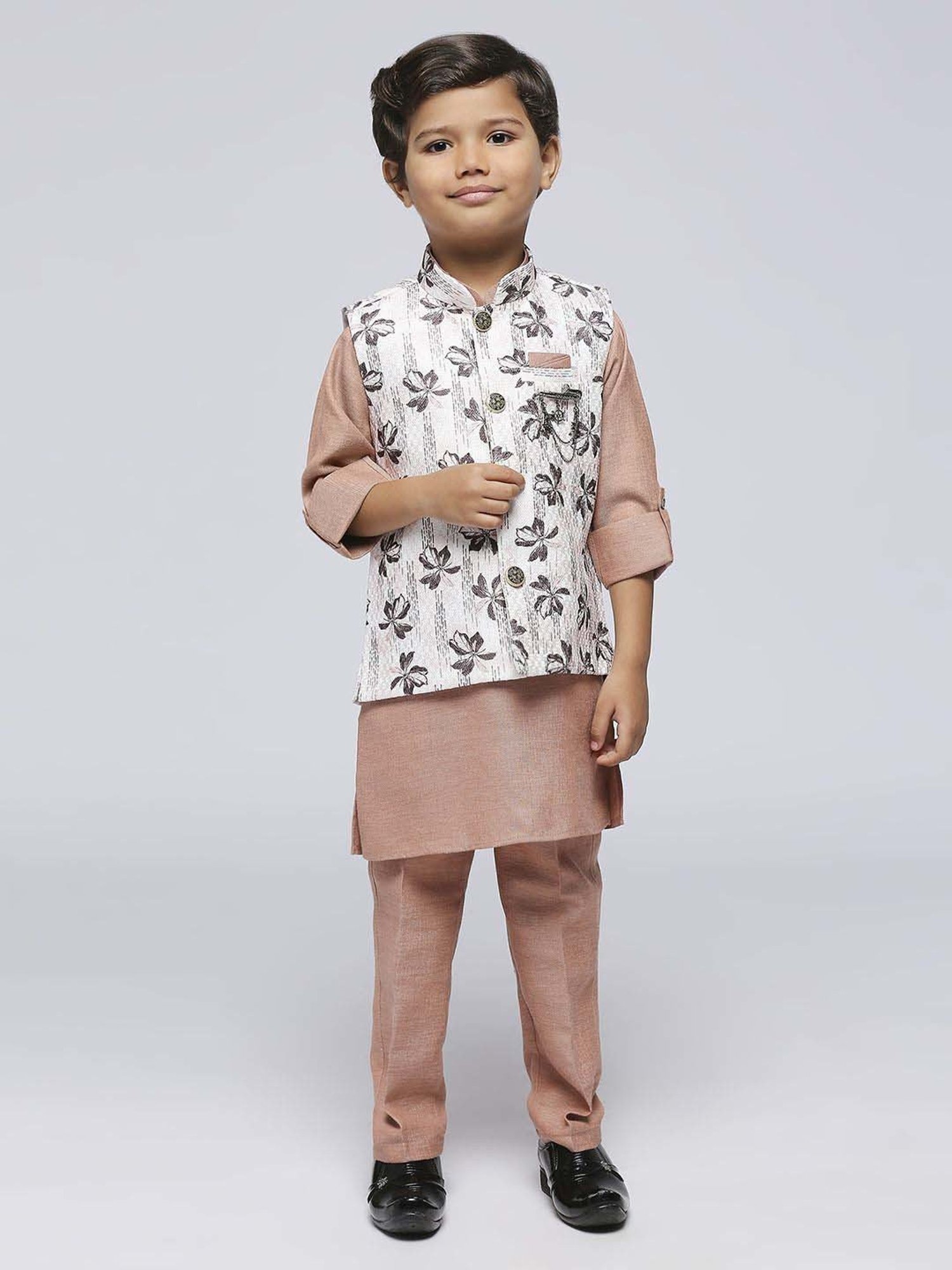 Kids Island Boys Brown Jacquard Full Sleeves Kurta Set