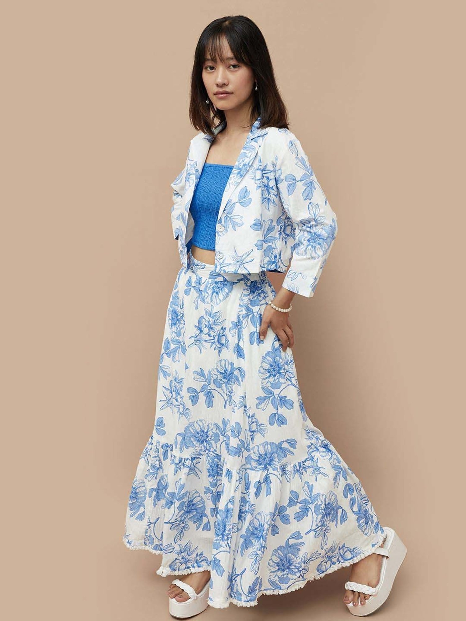 Colour Me by Melange Blue & White Cotton Printed Crop Top & Skirt Set With Jacket