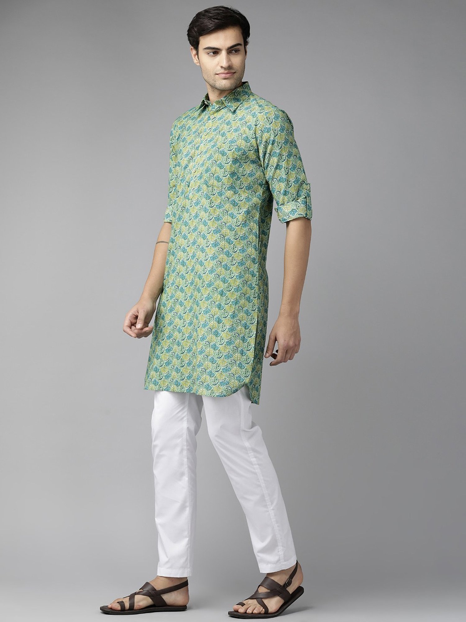 See Designs Green & White Cotton Regular Fit Printed Kurta Bottom Set