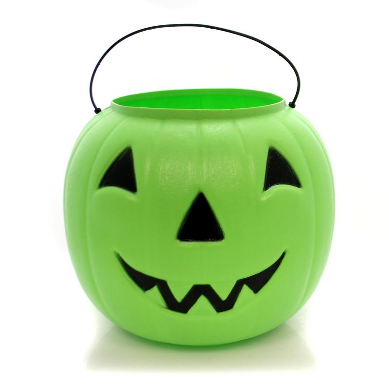 Halloween Blow Mold 7.25" Green Big Jack Pumpkin Pail Trick Treat Bucket  -  Trick Or Treat Containers