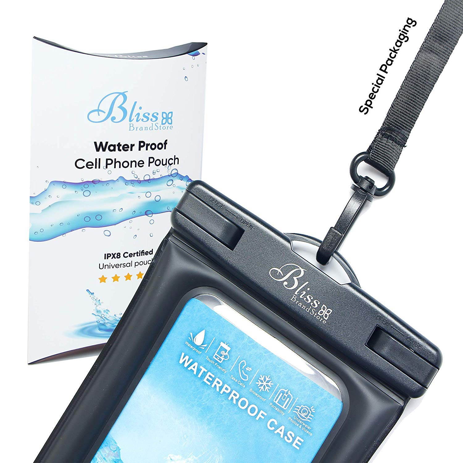 Universal Waterproof Phone Pouch for Pool Beach Swimming Kayaking Travel, Compatible with All Smartphones up to 6.5&rdquo; + Free Arm Band (Black)