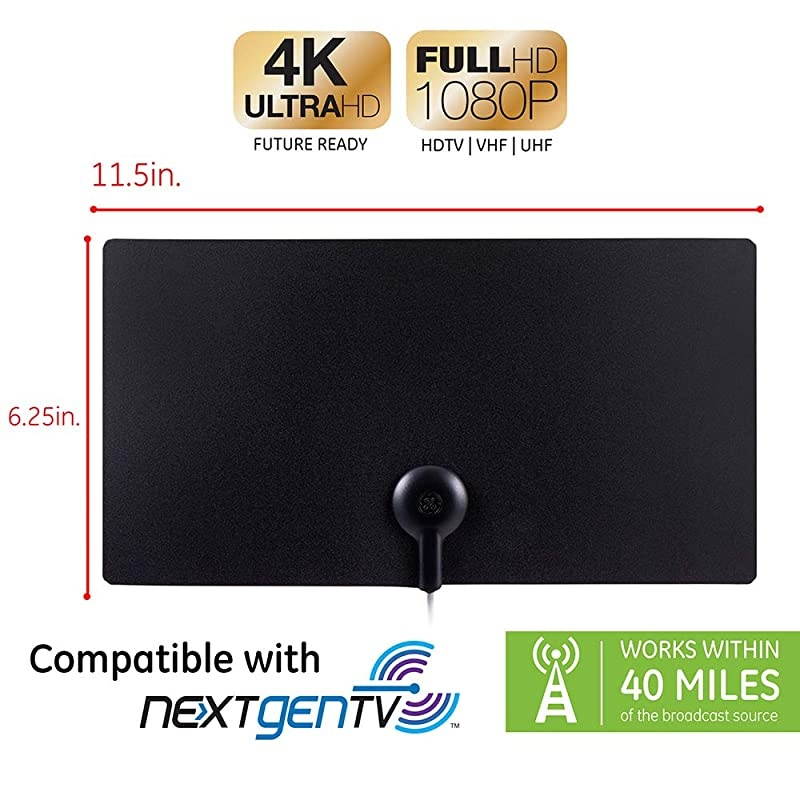 Ultra Ed Indoor TV Antenna, Slim Home Decor Reversible Black White, 4K 1080P VHF UHF, Long Ran Antenna, Digital, HDTV Antenna, Smart TV Compatible, 6Ft Coaxial Cable, 11264