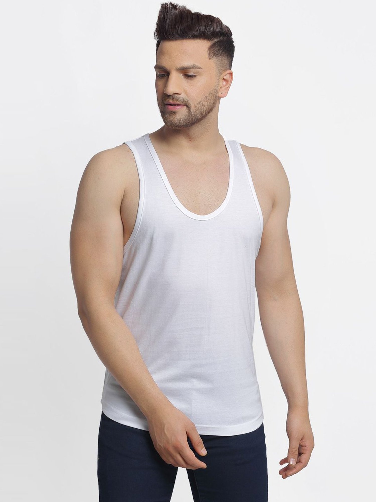 Friskers White Cotton Slim Fit Vest